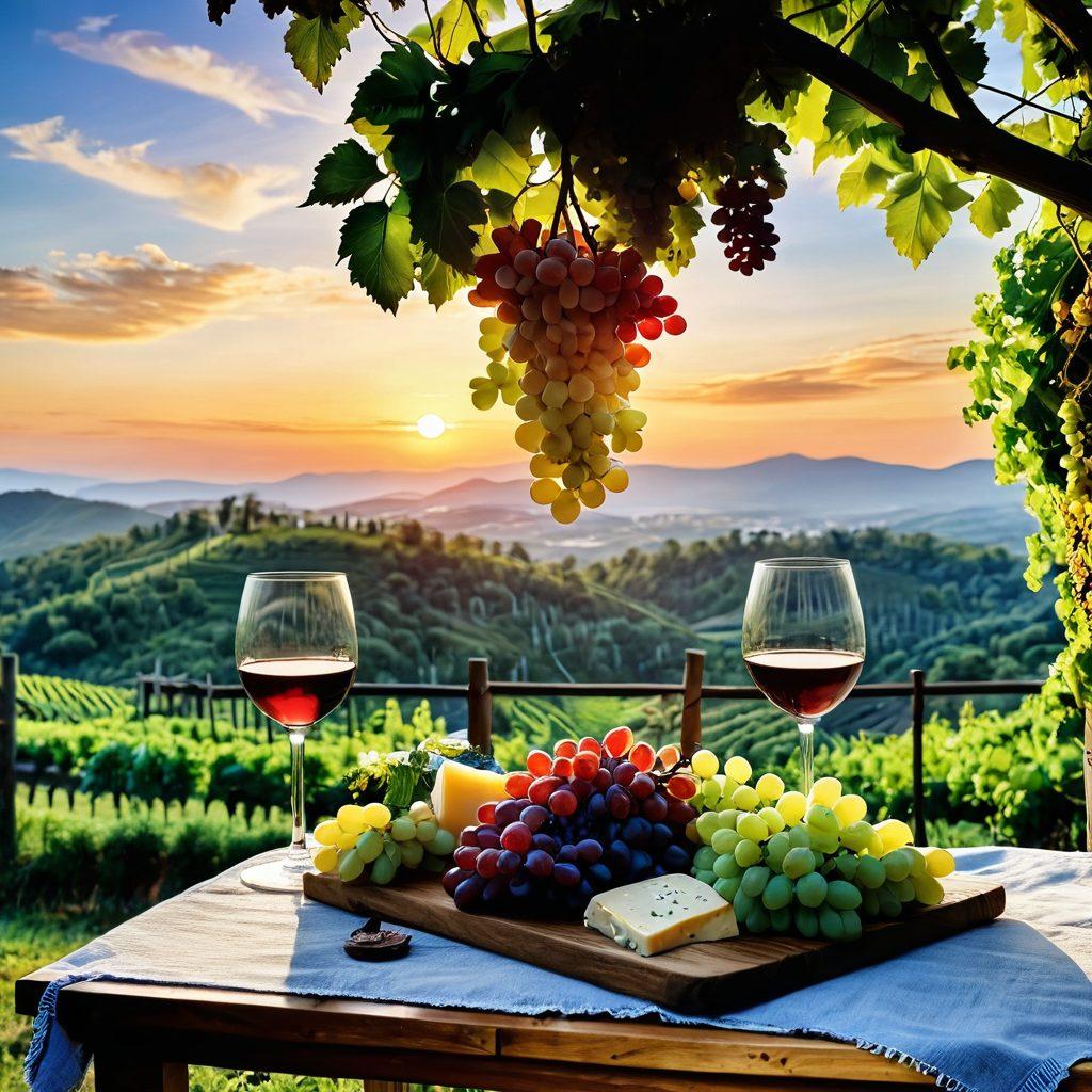 A picturesque landscape of lush vineyards in Asheville, with sun-kissed grapes hanging from the vines. Include a rustic wooden table set with elegant wine glasses filled with red and white wines, paired with assorted cheeses and fruits. A backdrop of the Blue Ridge Mountains under a vibrant sunset sky, creating an inviting atmosphere that reflects the wine culture. super-realistic. vibrant colors. warm tones.
