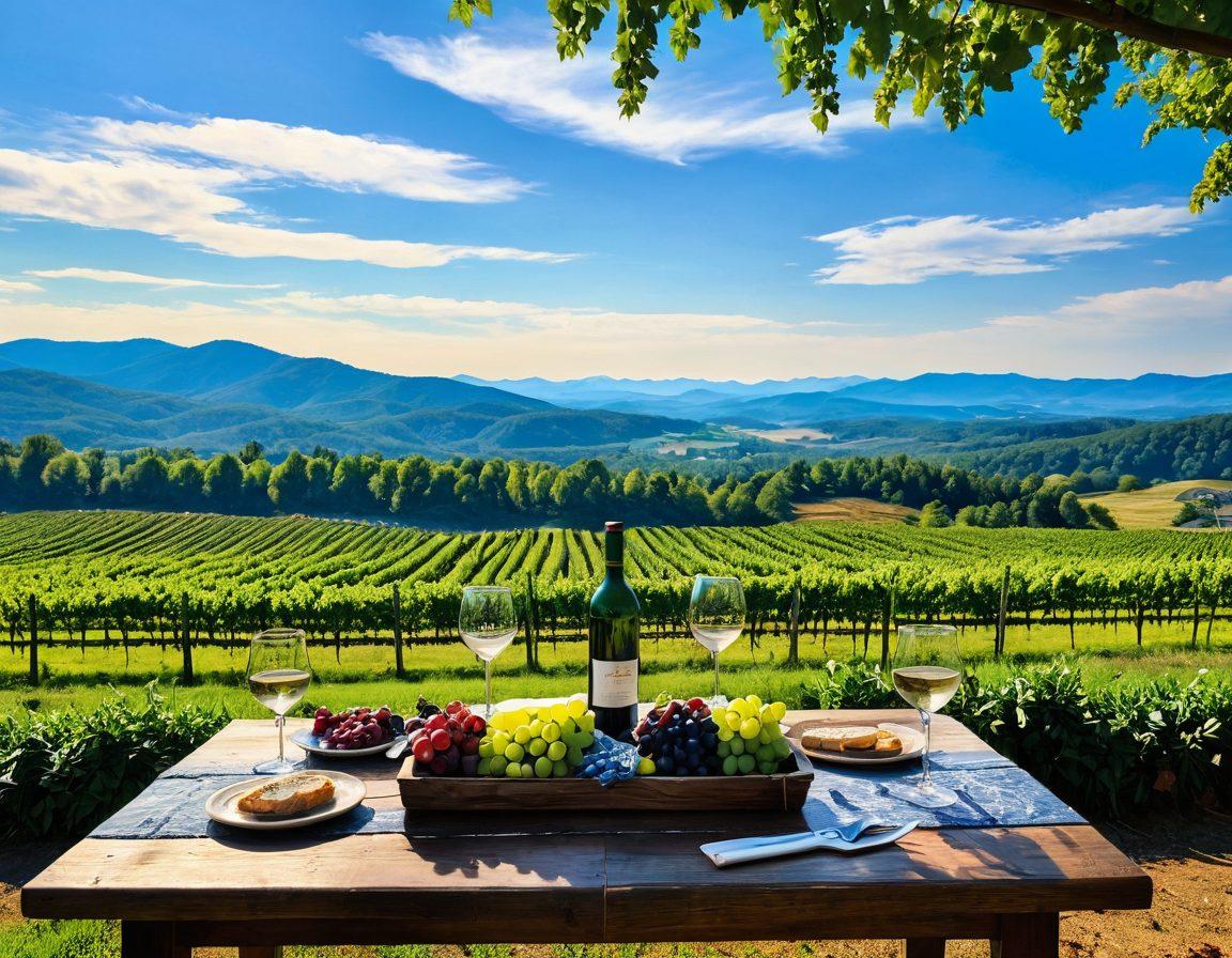 A picturesque scene of the Asheville countryside featuring lush vineyards with rows of grapevines under a bright blue sky. Include a rustic wooden table set with an assortment of local wines, glasses, and cheese platters, surrounded by vibrant wildflowers. In the background, show rolling hills and distant mountains to evoke a sense of serenity and adventure in wine tasting. The scene should have warm golden hour lighting to create an inviting and cozy atmosphere. vibrant colors. 3D.